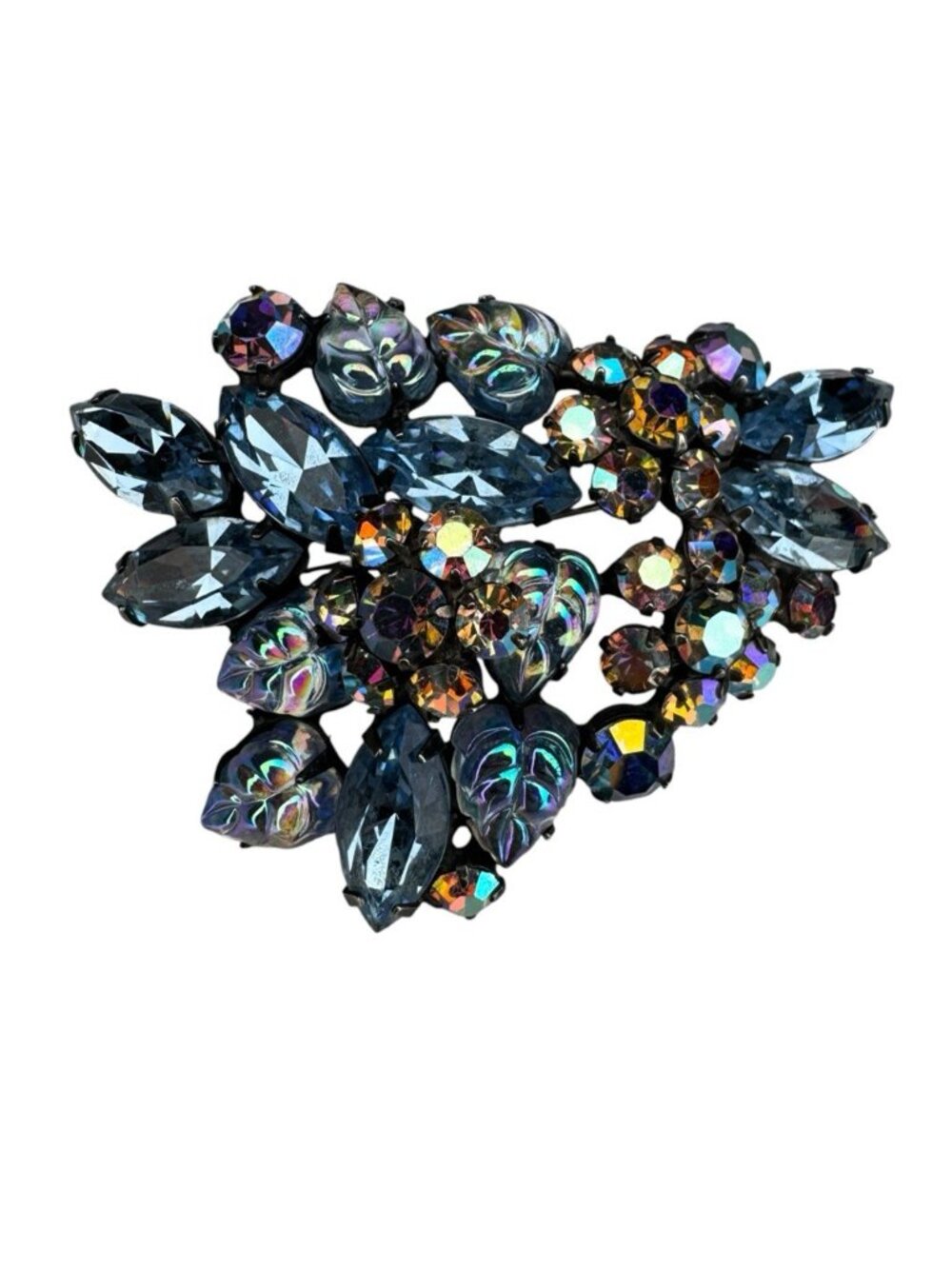 Unsigned REGENCY Brooch Pin Blue Aurora Borealis Rhinestone Molded Glass Leaf